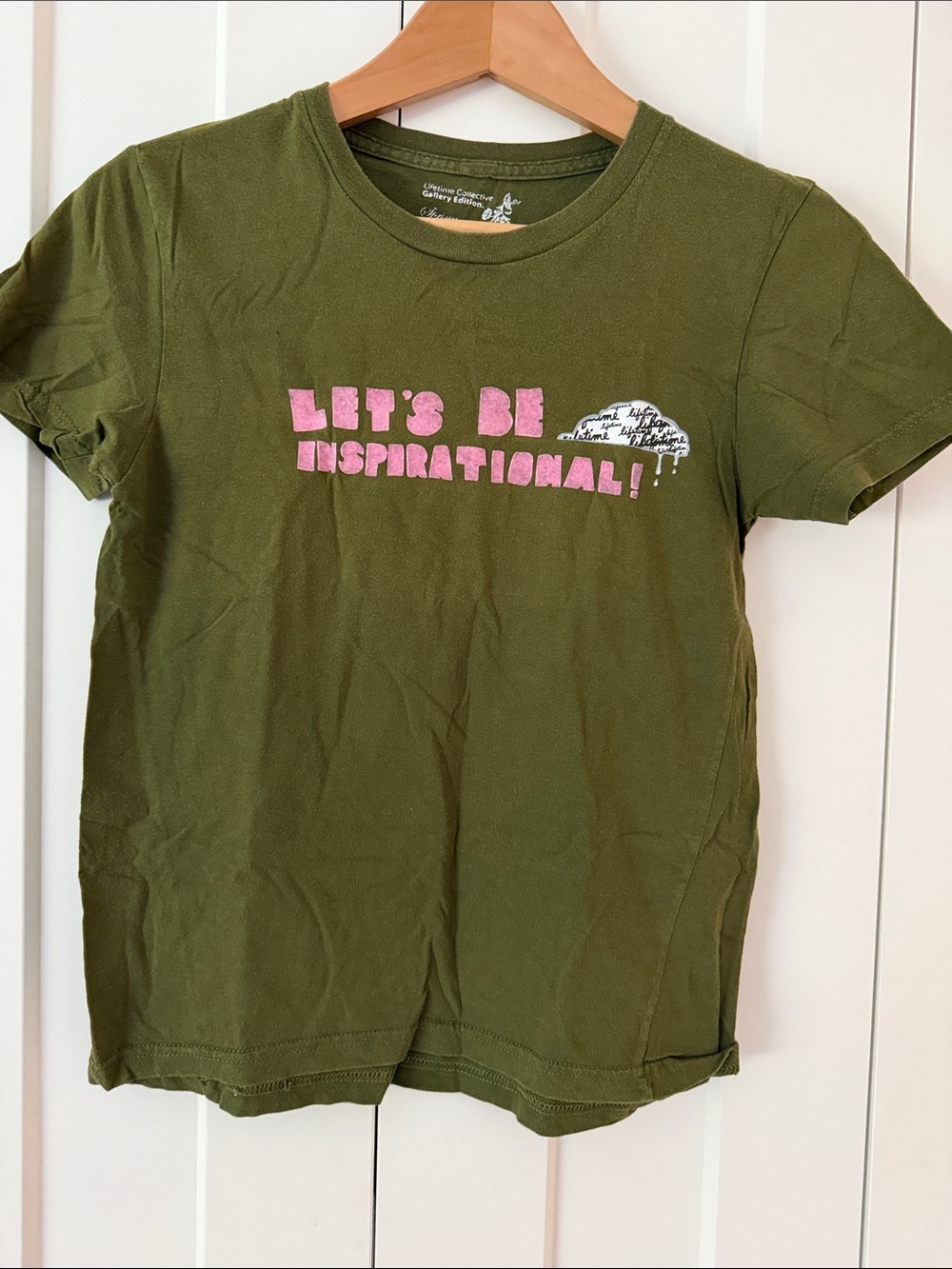 Lifetime Collective Olive Green Graphic Tee with felted Pink Slogan